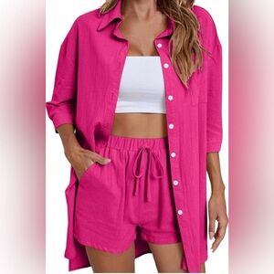 Pink Button Down 3/4 Sleeve Shirt Size M